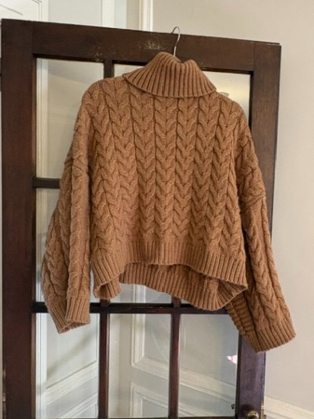 Mango Brown Cable Knit Turtleneck with Drop Sleeves, Size Large